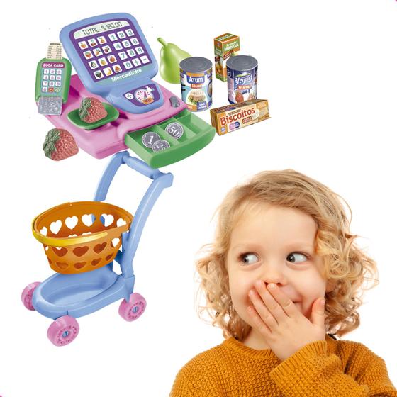 Imagem de Brinquedo Simulador Mercadinho Com Caixa Registradora e Carrinho De Compras Com Mercearias -27 Peças