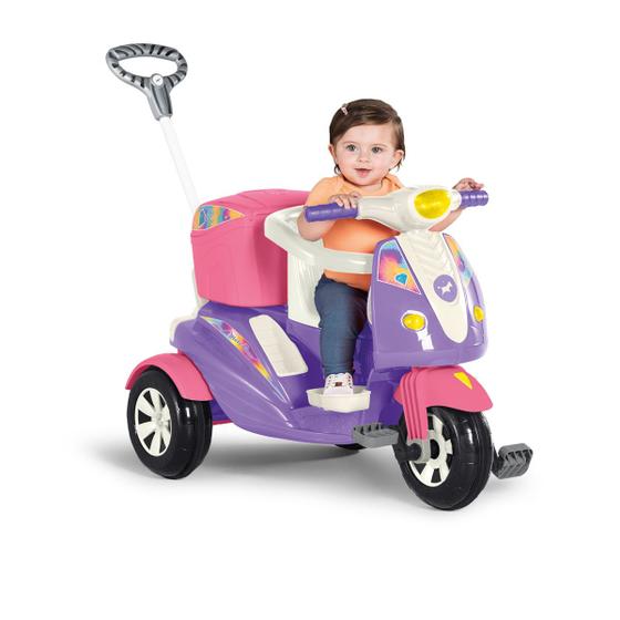 Imagem de Brinquedo Triciclo Moto Uno 2 em 1 Calesita Rosa c/ Som e Luz Empurrador e Porta Objetos 30kilos 