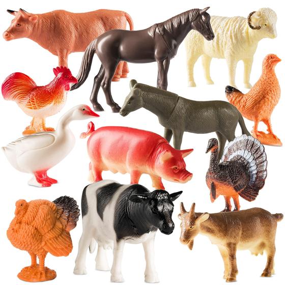 Imagem de Brinquedos animais da fazenda - Pacote de 12 - Animais de Fazenda de Plástico para Crianças e Crianças, Rancho Realista de 3-5 Polegadas / Barnyard Animal Toy Figures Estilos incluem ovelhas, cavalo, cabra, pato, frango, peru, vaca, porco