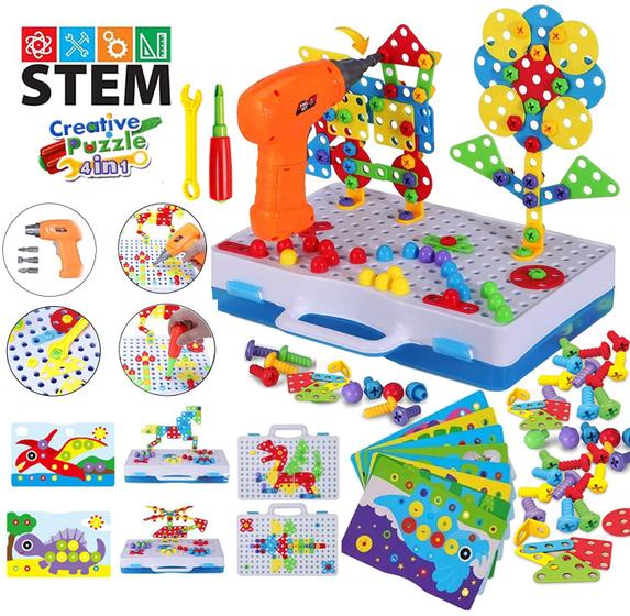 Imagem de BRINQUEDOS educacionais STEM para crianças, conjunto de brinquedos de quebra-cabeça de perfuração elétrica e kit de arte de botão, blocos de construção de engenharia de construção 3D para meninos meninas 3 4 5 6 7 8 anos de idade