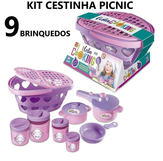 Imagem de Brinquedos Kit Cestinha Mercado Pic Nic + Panelinhas 9Pç