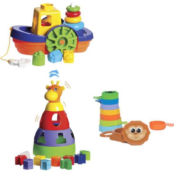 Imagem de Brinquedos Para Bebês Barco + Empilha Baby Macaco + Girafa