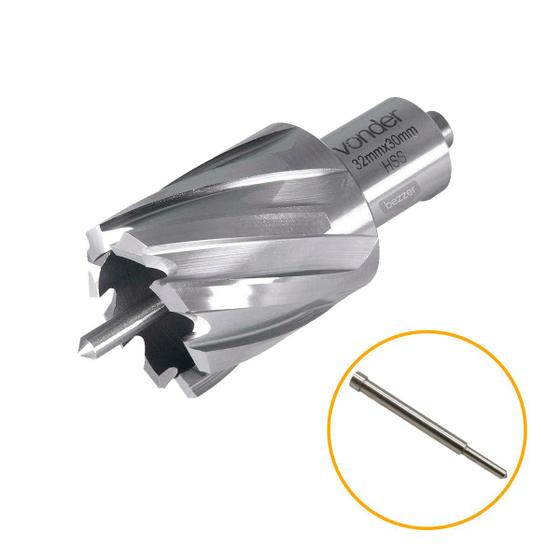 Imagem de Broca Anular Vonder HSS 32x30mm 8 Dentes Encaixe Weldon 19mm Pino Guia Extrator Corte Lubrificada
