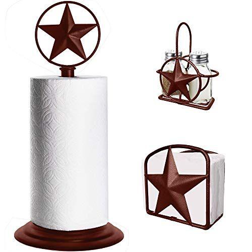 Imagem de Brown Rustic Texas Star Paper Towel Holder, Porta-guardanapos, suporte de shakers de sal e pimenta, country farmhouse iron kitchen counter complemento conjunto (papel toalha, guardanapo, suporte de S&P (3 conjunto de peças))