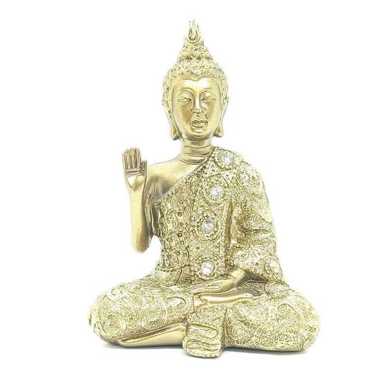 Imagem de Buda Com Pedras G Dourado - Mão Direita Levantada
