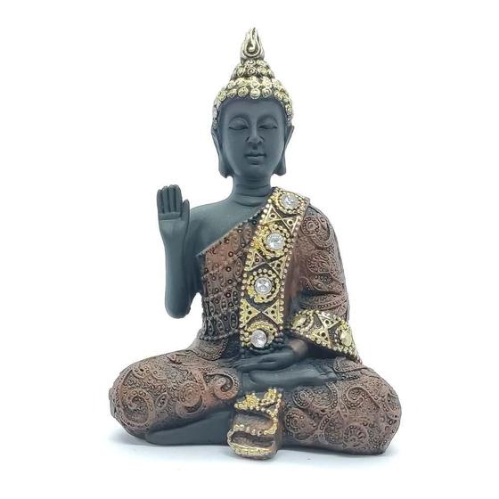 Imagem de Buda Com Pedras G Preto - Mão Direita Levantada