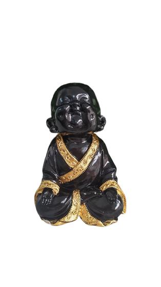 Imagem de Buda Felicidade Sorridente Risonho Preto Dourado Brilhoso Decoração 18CM