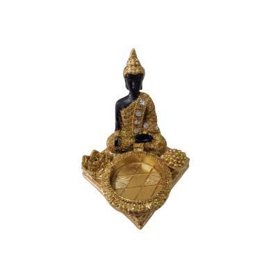 Imagem de Buda Hindu Dourado e Preto Pedraria Resina Porta Vela 