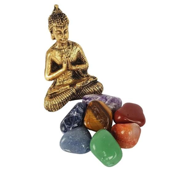 Imagem de Buda Hindu Namastê Tailandês Sidarta 9cm + Pedras 7 Chakras