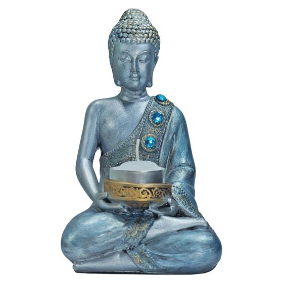 Imagem de Buda Hindu Tibetano Decoração Castiçal 3 Velas Azul/Dourado