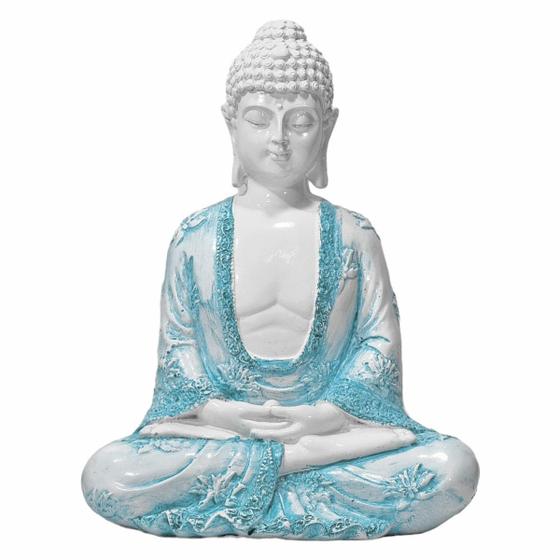 Imagem de Buda Hindu Tibetano Imagem Estátua Branca Com Turquesa 22cm