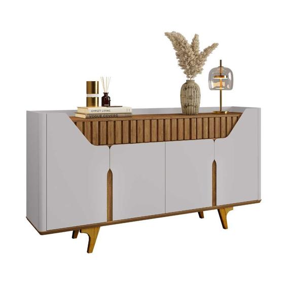 Imagem de Buffet 1,80m Off White com 4 Portas, Gavetas Ripadas e Pés de Madeira