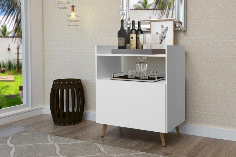 Imagem de Buffet / Aparador / Bancada SUI Estilo Retrô Com Pés em madeira 2 Portas Com Prateleira e Nicho Para Objetos Cor Branco