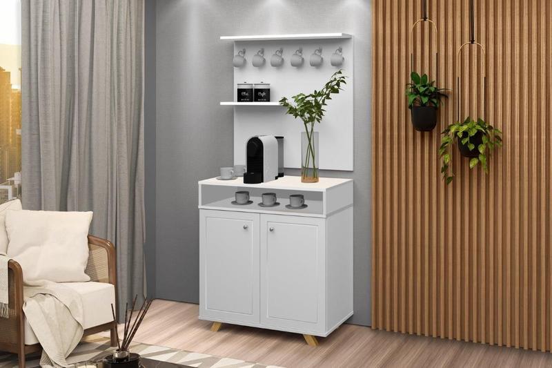 Imagem de Buffet / Aparador Com Painel ST Para o Cantinho do Café Estilo Retrô Com Pés em Madeira 2 Portas Com Detalhe a Lazer Cor Branco Acetinado