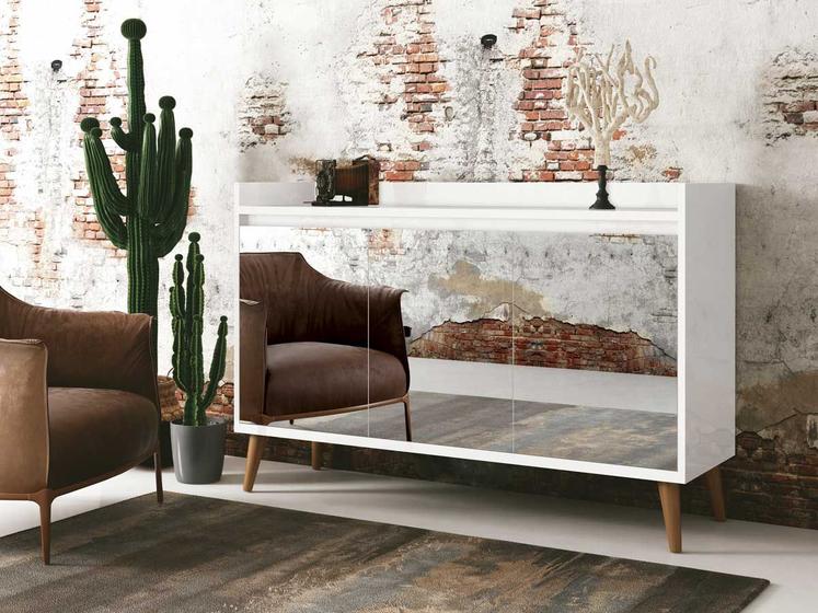 Imagem de Buffet Aparador Retrô com Espelho Delux 3 Portas Branco Gloss - MoveisAqui
