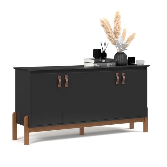 Buffet Armário Organizador Aparador Balcão Sonetto 4 Portas Puxador em Couro para Sala Jantar Estar - Preto Menor preço em Buffet Armário Organizador Aparador Balcão Sonetto 4 Portas Puxador em Couro para Sala Jantar Estar - Preto