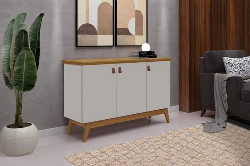 Imagem de Buffet / Bancada / Balcão / Aparador ABS Estilo Retrô Com Pés em Madeira 3 Portas Puxadores em Couro e Amplo Espaço Interno Com Prateleiras Cor Off Wh