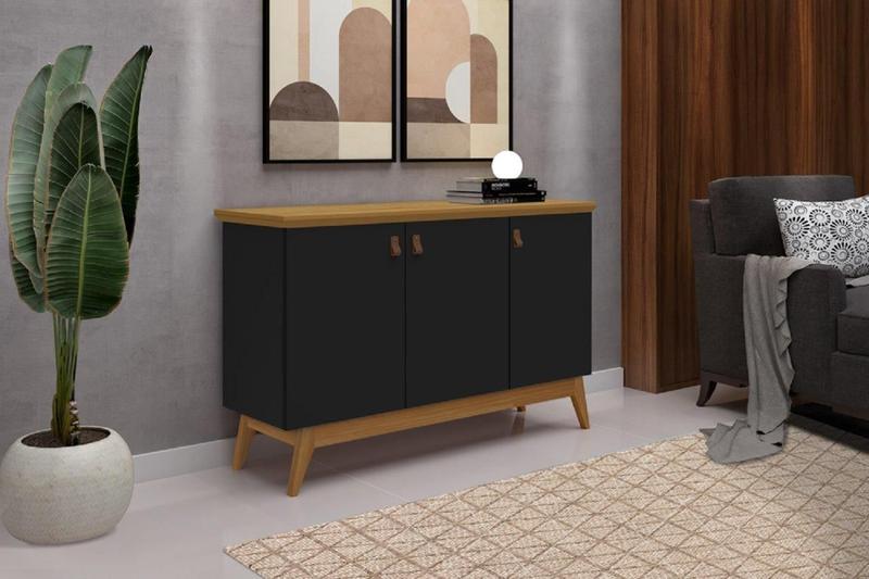 Imagem de Buffet / Bancada / Balcão / Aparador ABS Estilo Retrô Com Pés em Madeira 3 Portas Puxadores em Couro e Amplo Espaço Interno Com Prateleiras Cor Preto/