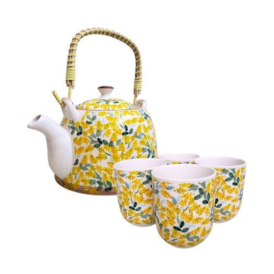 Imagem de Bule de Chá Com Alça Madeira 4 Copos Xicara Caneca Porcelana