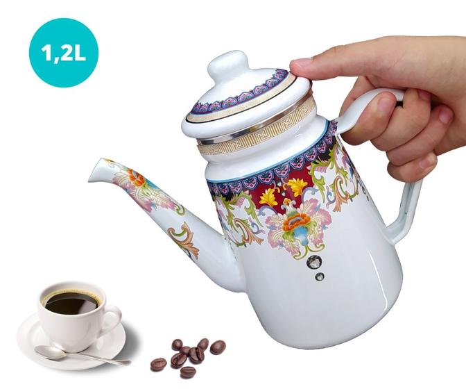 Bule Esmaltado Para Café e Chá Decorado Fogão Indução Gás 1,2 Litros Menor preço em Bule Esmaltado Para Café e Chá Decorado Fogão Indução Gás 1,2 Litros