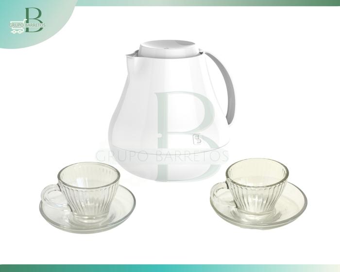 Imagem de Bule Térmico Branco com kit de 6 Xícaras de Vidro com Pires