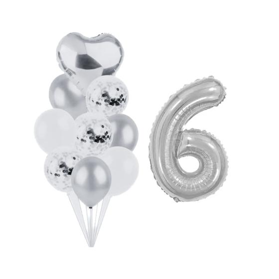 Imagem de Buque 9 Balões Bexiga Coração e 1 Número Metalizado 70 cm -Prata