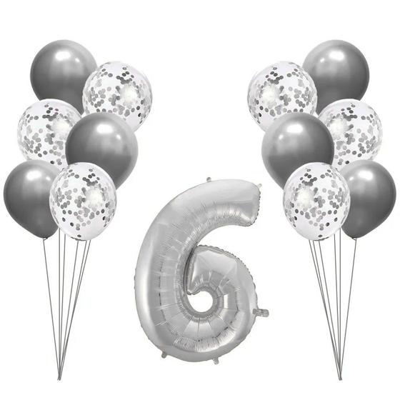Imagem de Buquê de Balões Metalizados e Número 6 Prata - 13 Balões