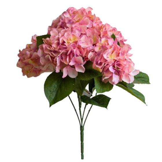 Imagem de BUQUÊ DE FLORES ARTIFICIAL HORTÊNSIAS ROSAS COM FOLHAS (45cm)