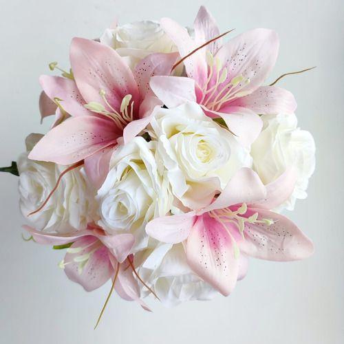 Imagem de Buquê De Noiva Realista Lírios E Rosas Rose Rosa E Branco