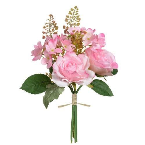 Imagem de BUQUE ROSA E HORTENCIA C/FITA X7 FLORES ROSA 2TONS 35cm