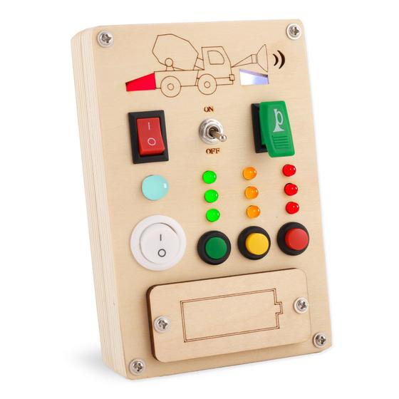 Imagem de Busy Board Montessori Brinquedos para 1 Ano de Idade Led Botão Empurrar Brinquedos Luz Pré-Escola Aprendizagem Brinquedos Sensoriais de Madeira Brinquedos Sensoriais para Crianças 1-3 Presentes bebês Viagem Fidget Toy (Brinquedo leve do tema do veícu