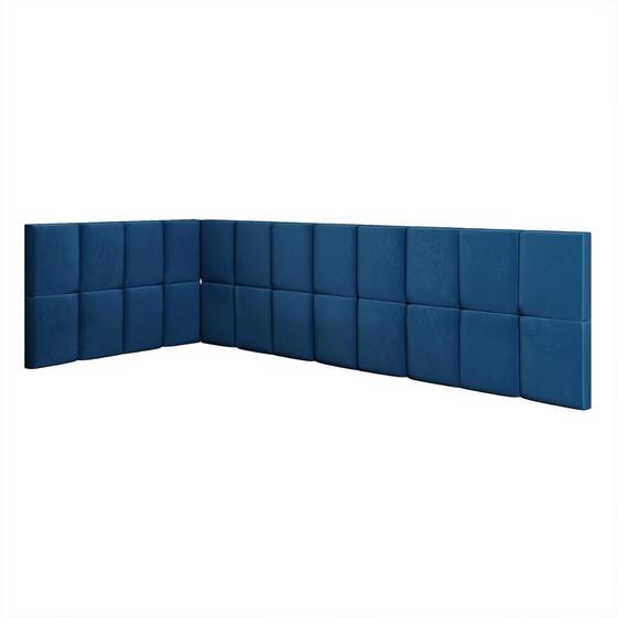 Imagem de Cabeceira Aurora Cama Box Solteiro Infantil em L Suspensa Almofadada Proteção Lateral Estofada Decoração Quarto - Azul Suede - RPM Móveis