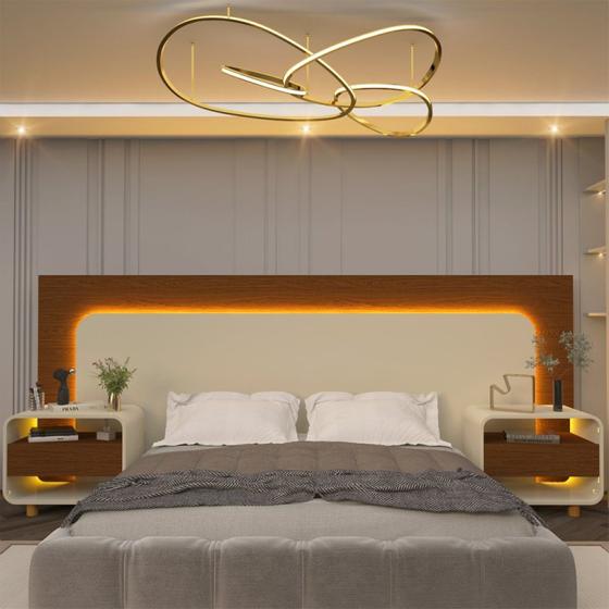 Imagem de Cabeceira Box Casal com 2 Mesas de Cabeceira com Led Innova