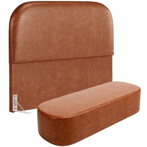 Imagem de Cabeceira Cama Box Casal 140cm Lanna com Puff Recamier Doha W01 material sintético Camel - Lyam Decor