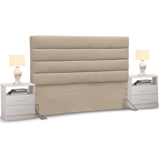 Imagem de Cabeceira Cama Box Casal King 195cm Greta Suede Bege e 2 Criados Branco - Mpozenato