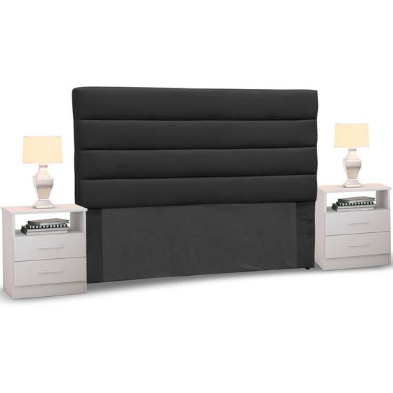 Imagem de Cabeceira Cama Box Casal King 195cm Greta Suede Preto e 2 Criados Branco - Mpozenato