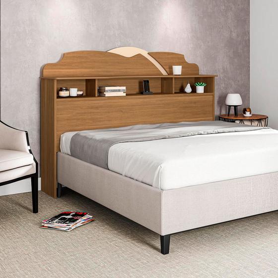 Imagem de Cabeceira Casal Cama Box Queen 1,60m com Nicho Cristal - Amêndoa/off White