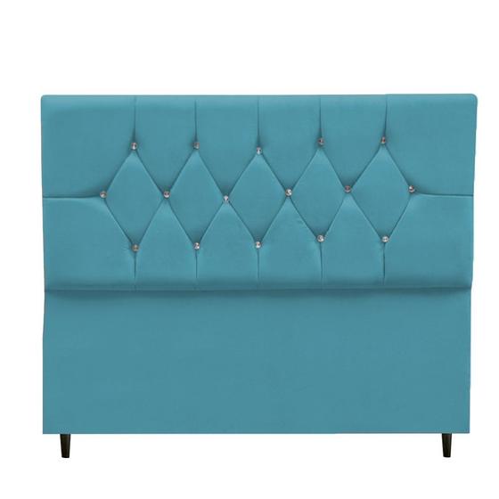 Imagem de cabeceira de casal box  estofada captonê azul turquesa suede Geovana  1,40 cm - H.g.h-Decor