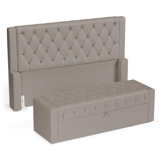 Cabeceira e Calçadeira Báu King Size Atena 195cm Capitonê Suede Bege - Desk Design Menor preço em Cabeceira e Calçadeira Báu King Size Atena 195cm Capitonê Suede Bege - Desk Design
