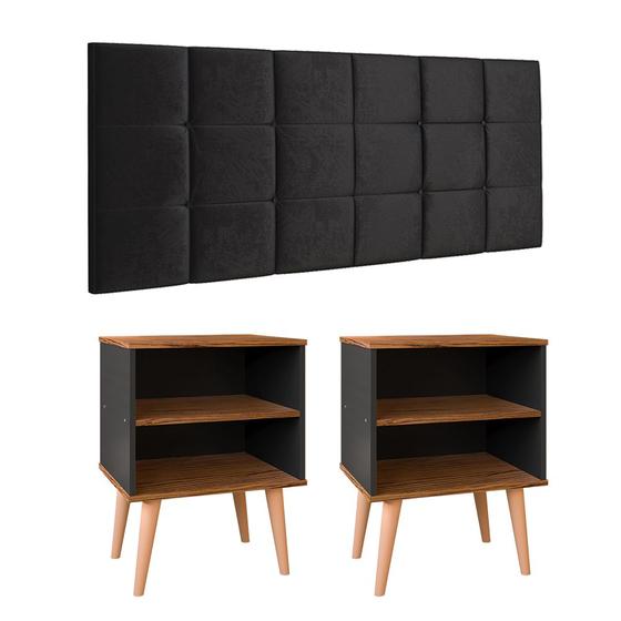 Imagem de Cabeceira Estofada Cama Box Queen Bia 1,60 Suede Kit 2 Mesinhas Nicho Prateleira Pés Palito Retrô Quarto Casal Preto/Freijó - RPM