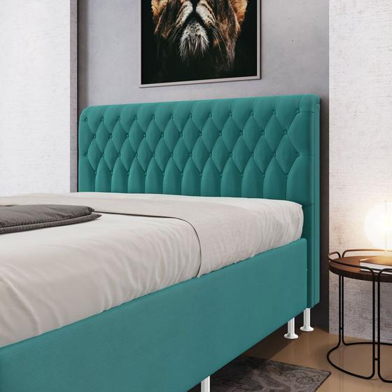 Imagem de Cabeceira Estofada Decorativa Bellatrix 160 para Cama Queen Sued Azul Turquesa Aradecor