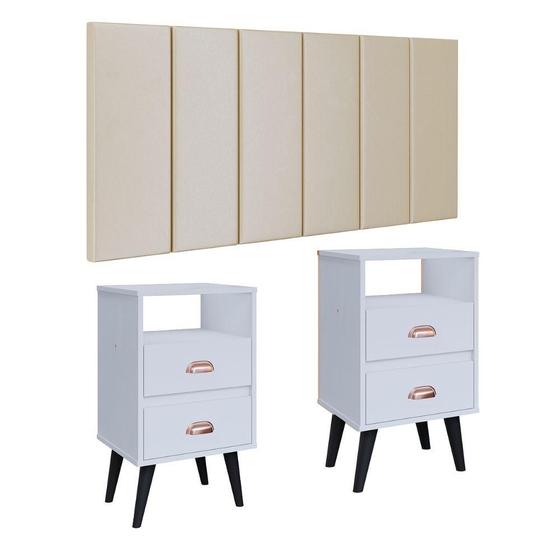 Imagem de Cabeceira Estofada Modular Box Casal 1,40 Julia Areia Jogo 2 Mesinha Pequena Gaveta Nicho Canto Lateral Cama Retrô Classic New Branco-RPM