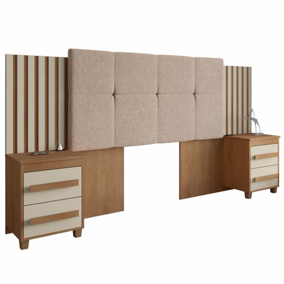 Cabeceira Estofada para cama box casal/Queen/king RV Móveis Suíça com 02 mesas de cabeceira com tomada cinamomo OFF White Menor preço em Cabeceira Estofada para cama box casal/Queen/king RV Móveis Suíça com 02 mesas de cabeceira com tomada cinamomo OFF White