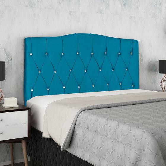 Imagem de Cabeceira Estofada para Cama Box Quarto Casal 140 cm Suede Azul Tiffany com Strass - Bela Móveis