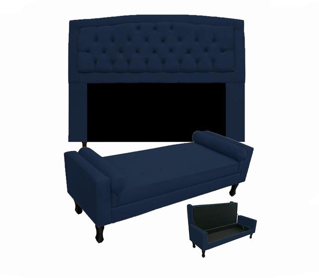 Imagem de Cabeceira Geovana + Calçadeira Fênix Para Quarto Queen 160cm Suede Azul Marinho - LM DECOR