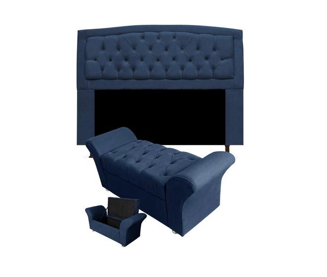 Imagem de Cabeceira Geovana e Calçadeira Veneza Baú Queen 160cm Suede Azul Marinho - DL Decor