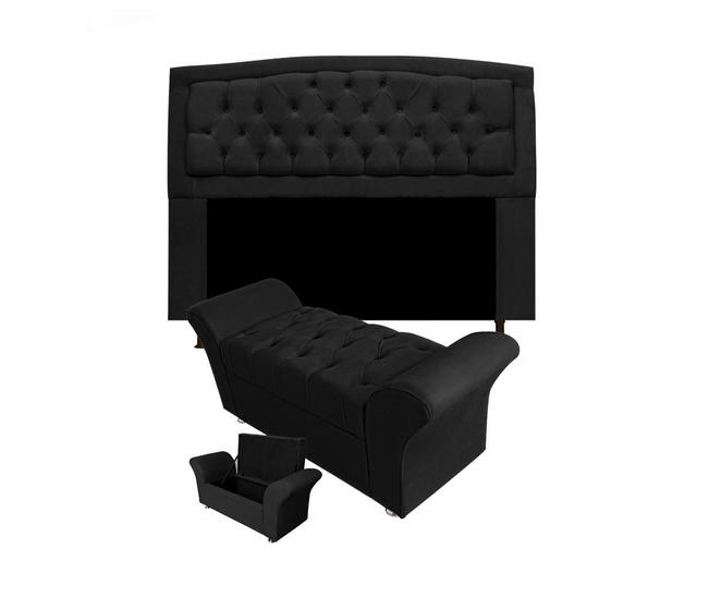 Imagem de Cabeceira Geovana e Calçadeira Veneza Baú Queen 160cm Suede Preto - LM DECOR