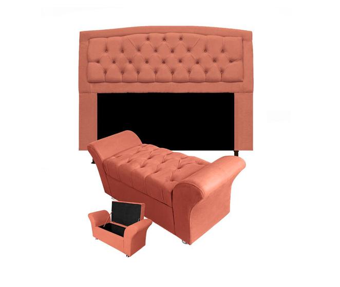 Imagem de Cabeceira Geovana e Calçadeira Veneza Estofada Casal 140cm Suede Coral - DL Decor