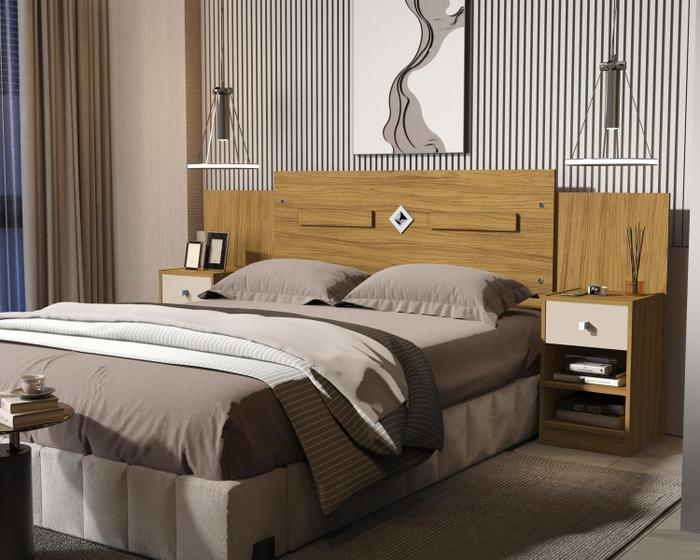 Imagem de Cabeceira Lara Em Madeira Mdf Com Mesa De Cabeceira Para Cama Box Casal E Queen