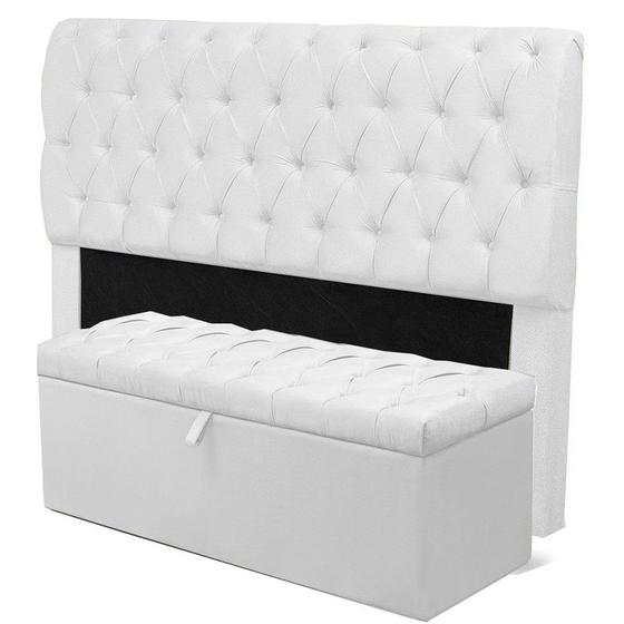 Imagem de Cabeceira Mais Calçadeira Baú Casal Queen 160cm Para Cama Box Paris Napa Branco - DS Móveis